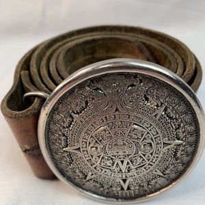 Vintage genuine leather belt w/ Mayan Aztec Buckle